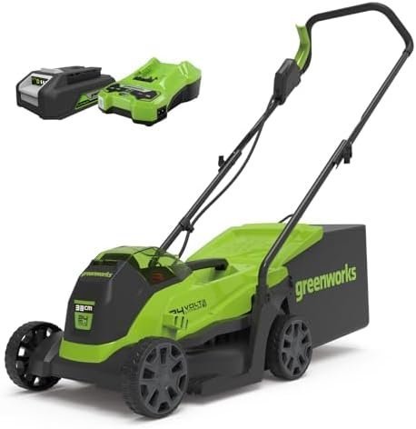 Greenworks GD24LM33K2 Tondeuse à Gazon Sans Fil avec Moteur Sans Brosse pour Petites Pelouses Jusqu’à 140m², Largeur de Coupe 33 cm, Sac de 30L, INCLUS Batterie 24V 2Ah et Chargeur, Garantie 3 Ans